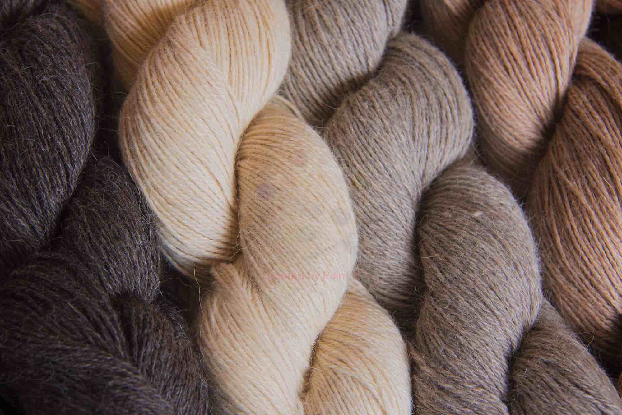 Lace weight skeins of yarn nestled next to each other, showcasing charcoal, cream, warm brown and taupe.